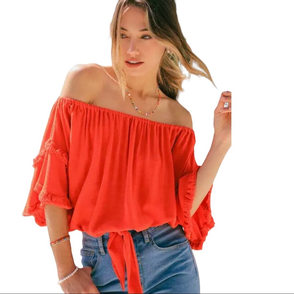 Worn Once-Umgee Linen Blend Layered Ruffle Sleeve Off Shoulder Top w/Tie Size XL